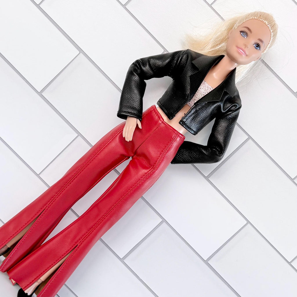11.5 Inch Doll Outfit – Faux Leather Jacket, Red Bell Bottoms, Pink Top, Black Heels