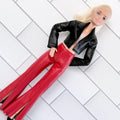 11.5 Inch Doll Outfit – Faux Leather Jacket, Red Bell Bottoms, Pink Top, Black Heels