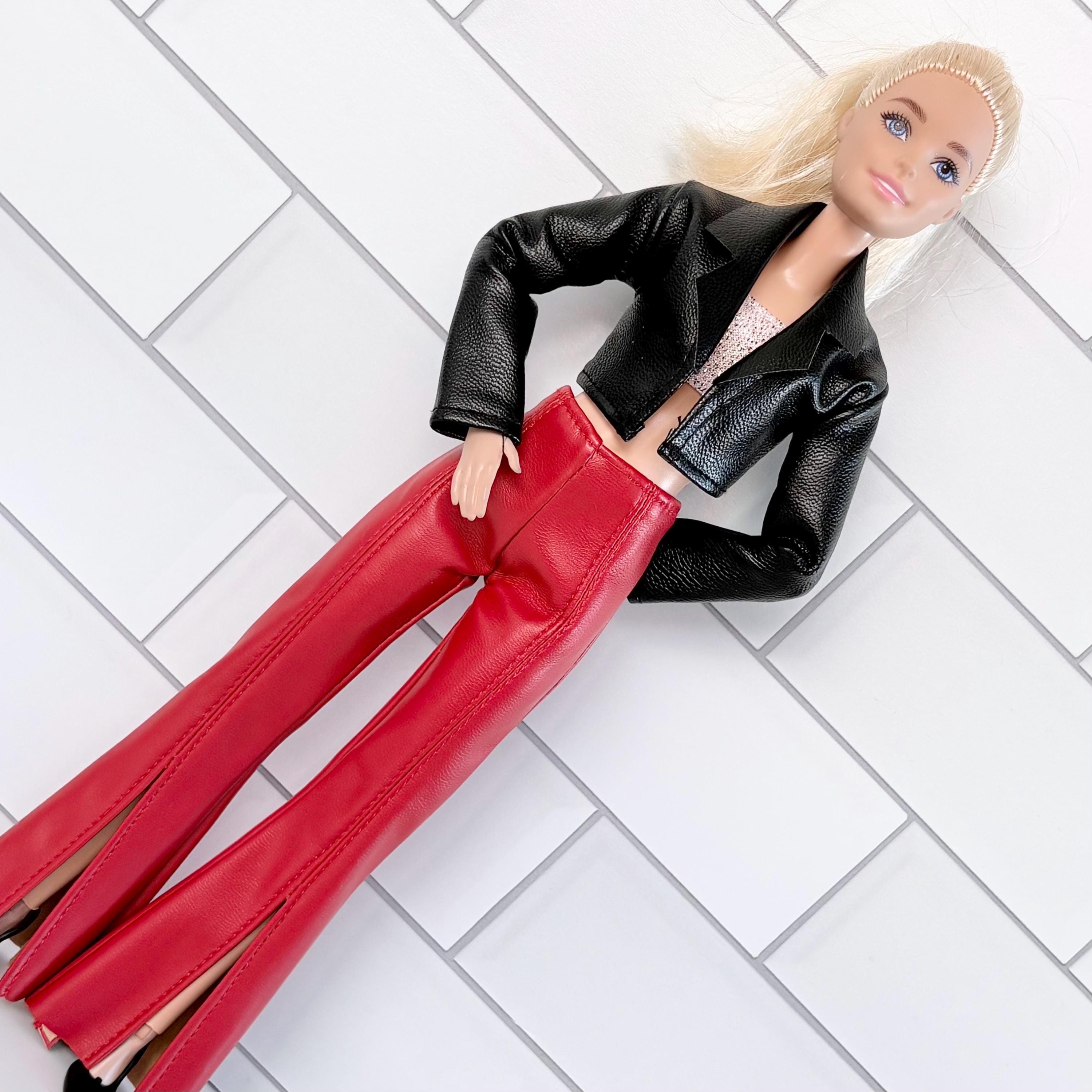 11.5 Inch Doll Outfit – Faux Leather Jacket, Red Bell Bottoms, Pink Top, Black Heels