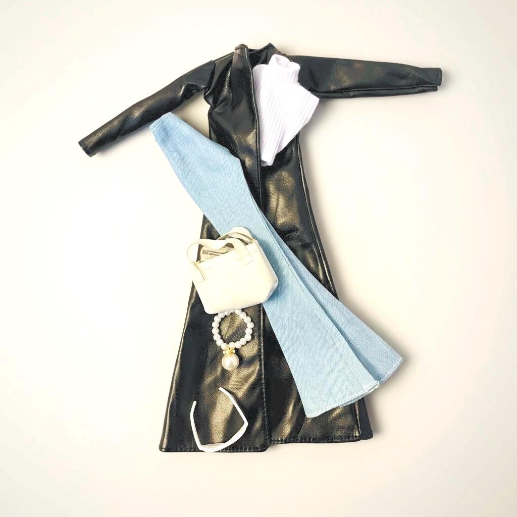Doll Long Coat Outfit, Bell Bottoms, Top, bags, accessories, faux leather