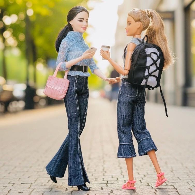 11.5 Inch Doll Clothes Outfit – Retro Denim Bell Bottoms, Fluffy Top, Accessories