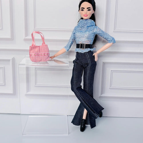 11.5 Inch Doll Clothes Outfit – Retro Denim Bell Bottoms, Fluffy Top, Accessories