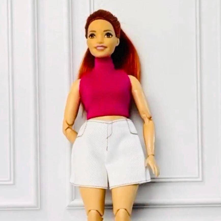 Curvy Doll Clothes, Shorts, Tops, Red Platform Shoes, 1:6 Scale