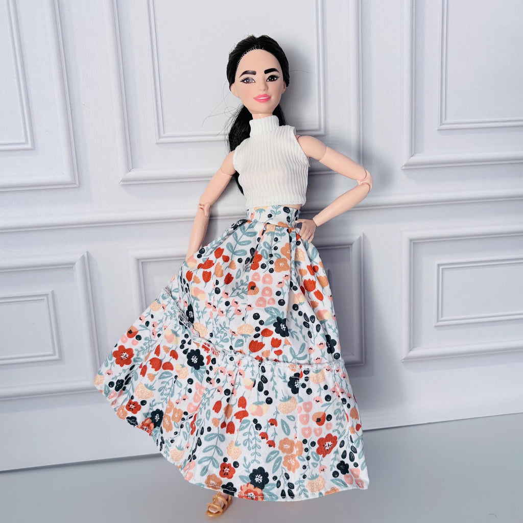 11.5 Inch Doll Outfit: Peasant Floral Skirt, White Top, Sandals – 60s Retro Style