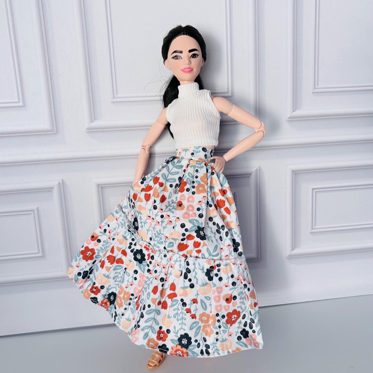 11.5 Inch Doll Outfit: Peasant Floral Skirt, White Top, Sandals – 60s Retro Style