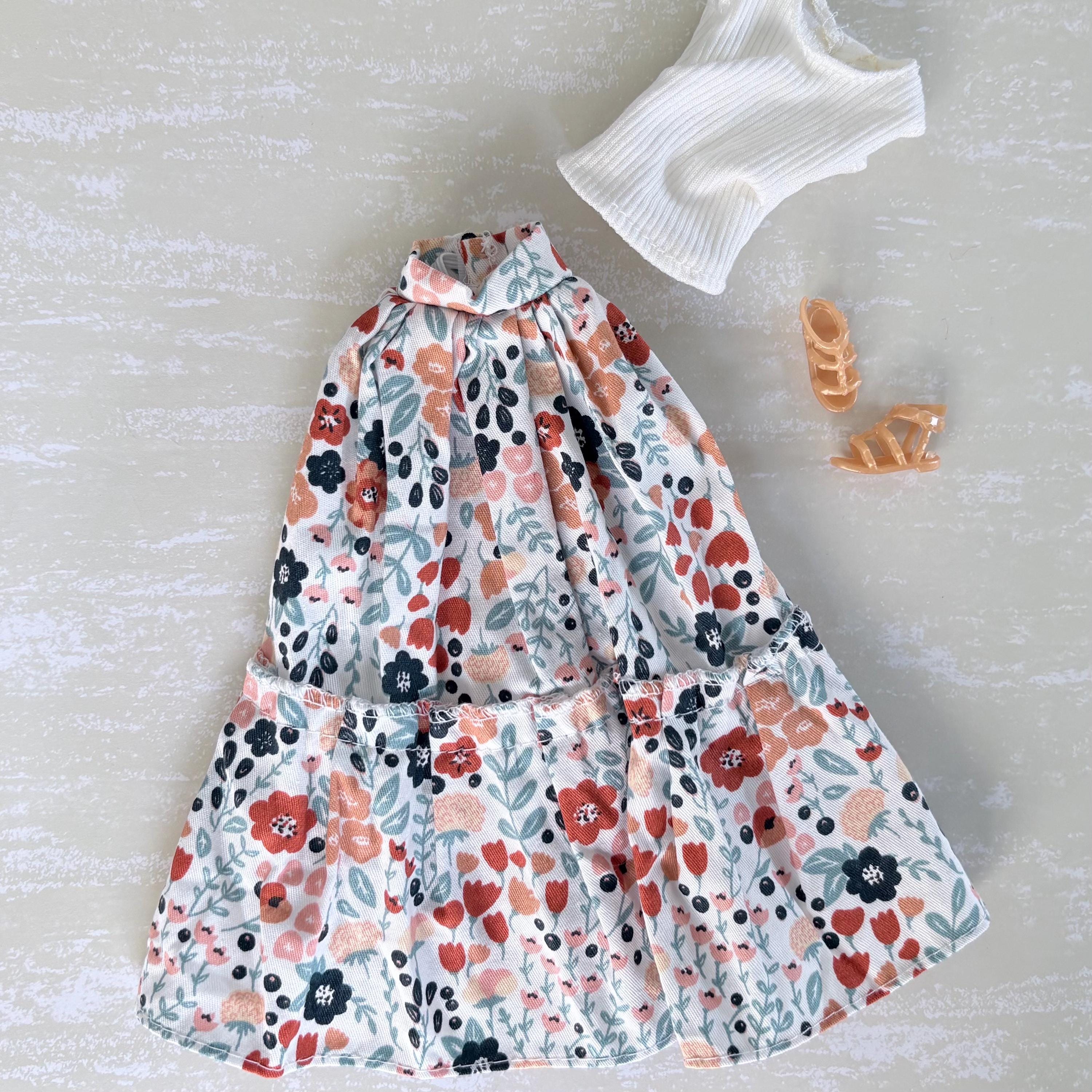 11.5 Inch Doll Outfit: Peasant Floral Skirt, White Top, Sandals – 60s Retro Style