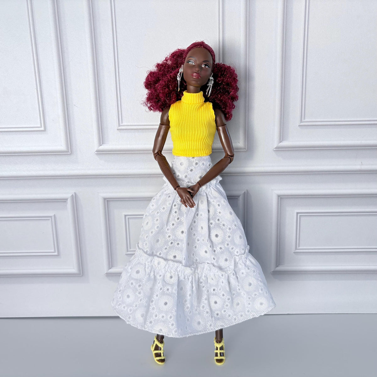 11.5 Inch Doll Boho Eyelet Ruffle Skirt Set with Mock Neck Top, Sandals