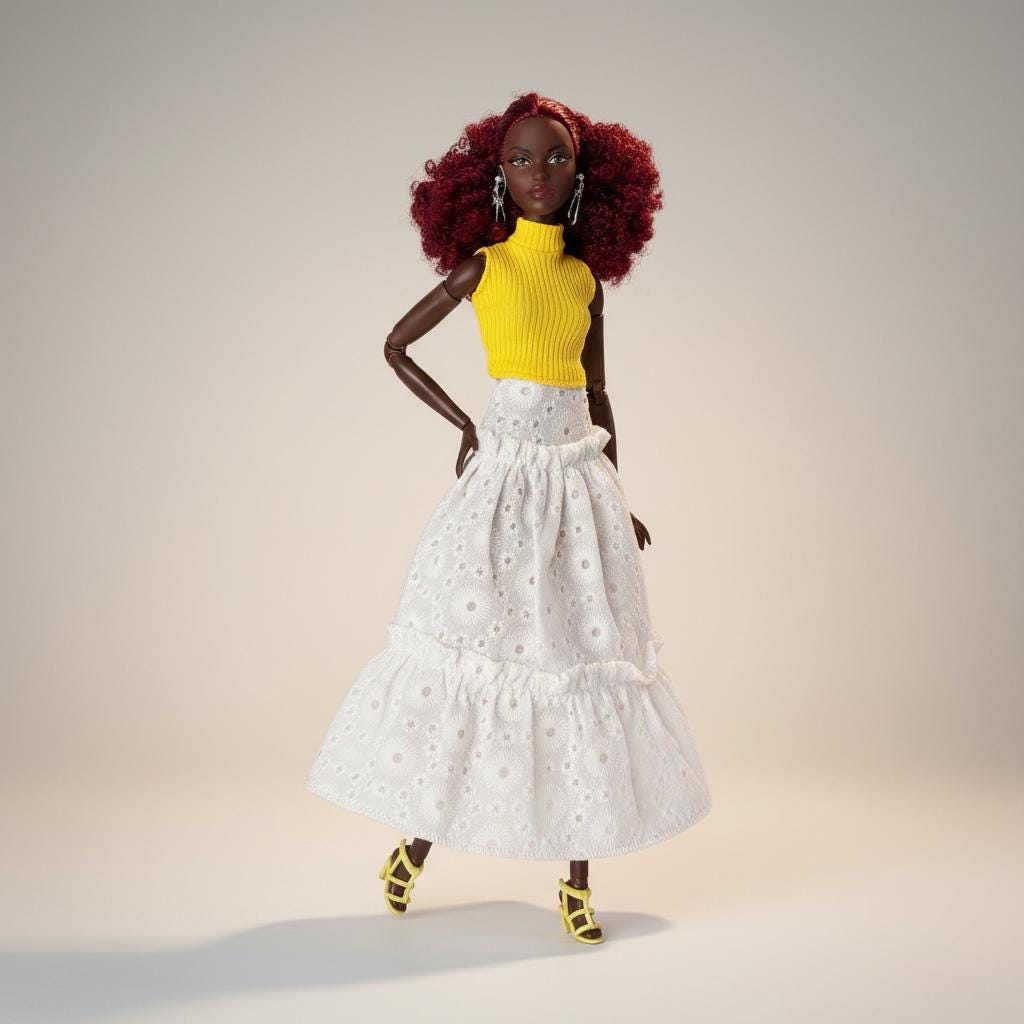 11.5 Inch Doll Boho Eyelet Ruffle Skirt Set with Mock Neck Top, Sandals