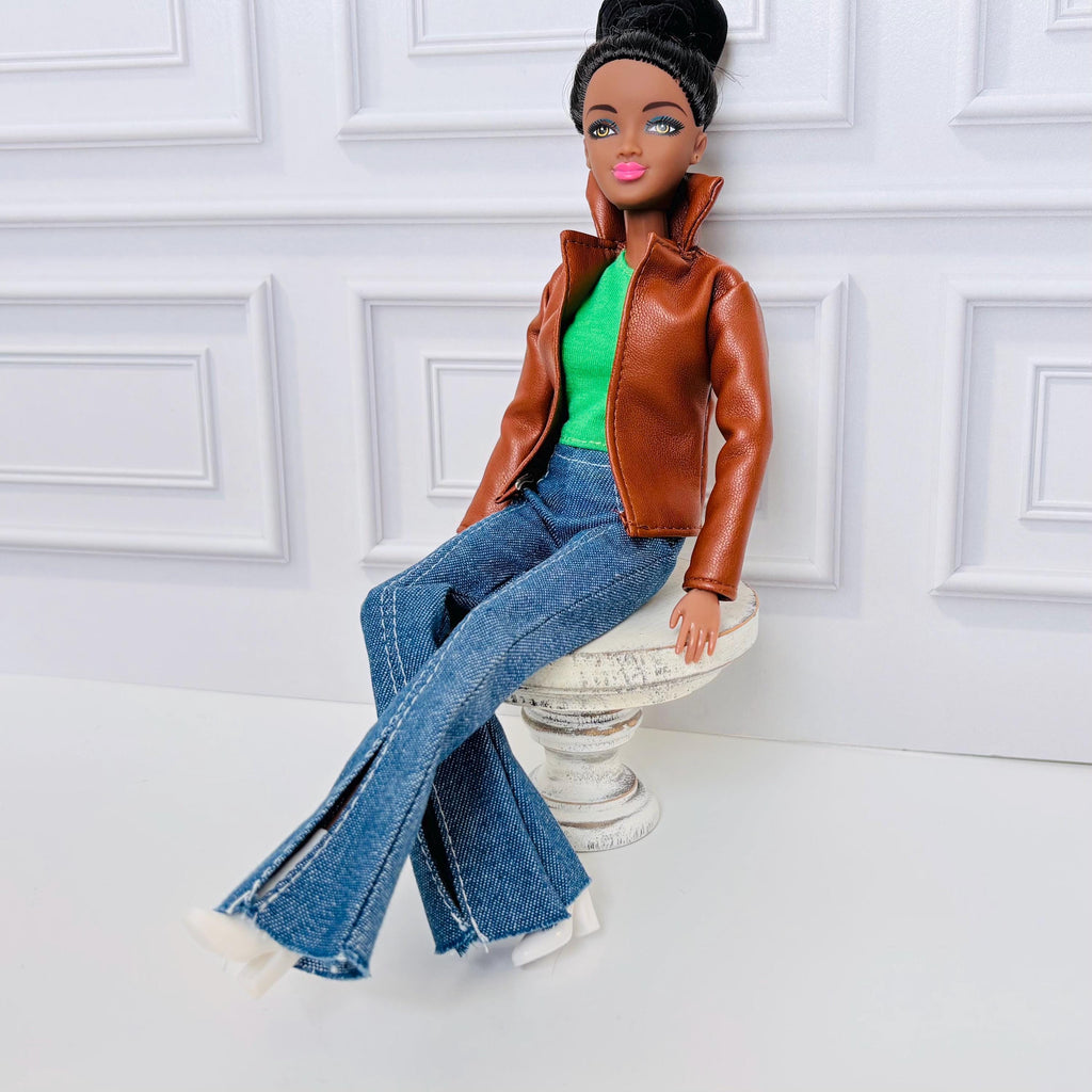 Denim Doll Shorts, Bellbottoms, Rainbow Top, 1:6 Scale Doll Jeans and Shirts