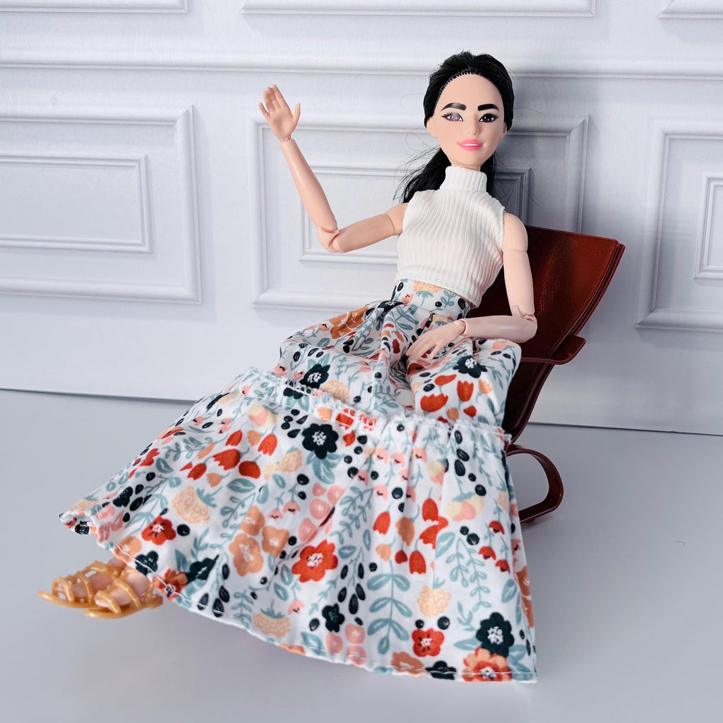 11.5 Inch Doll Outfit: Peasant Floral Skirt, White Top, Sandals – 60s Retro Style