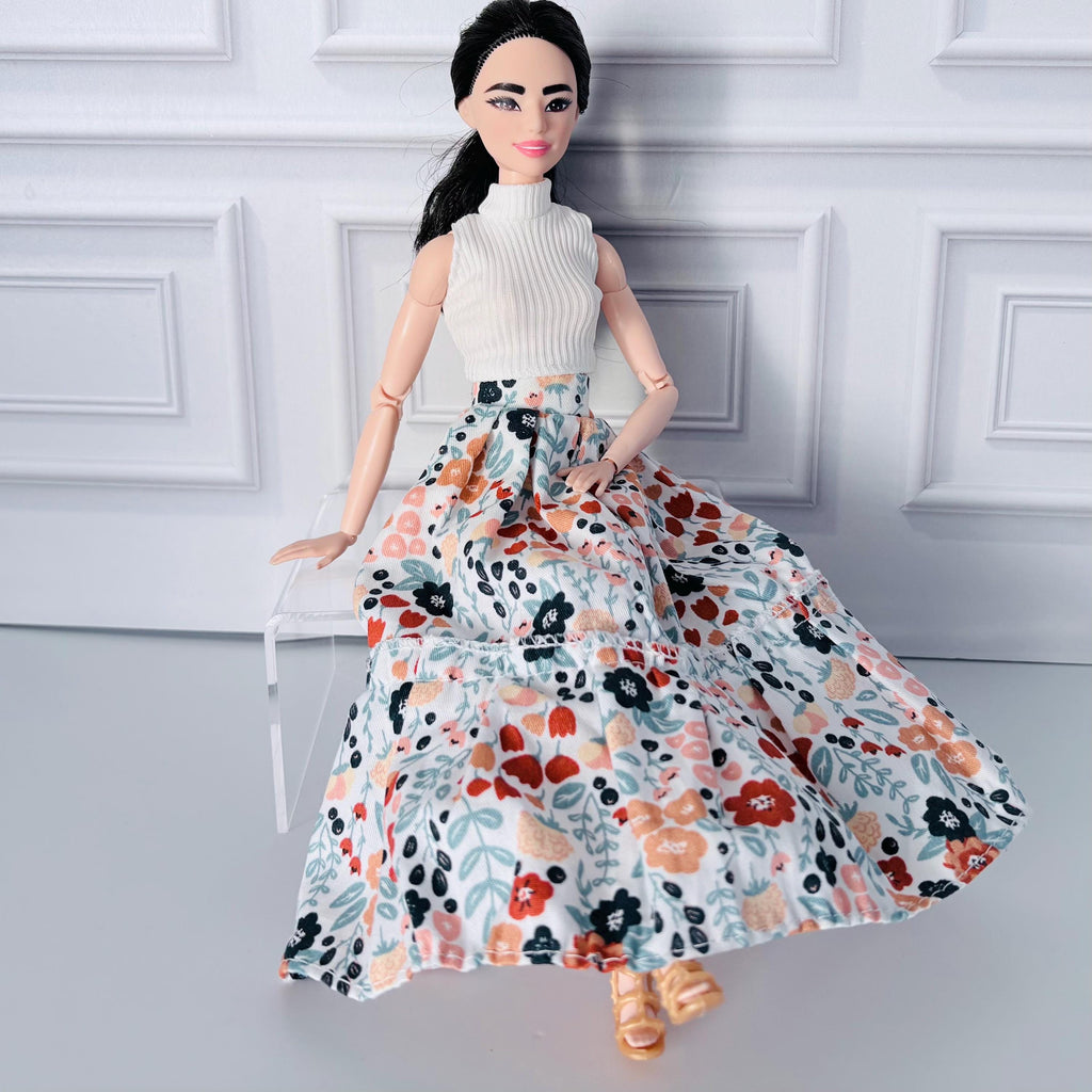 11.5 Inch Doll Outfit: Peasant Floral Skirt, White Top, Sandals – 60s Retro Style