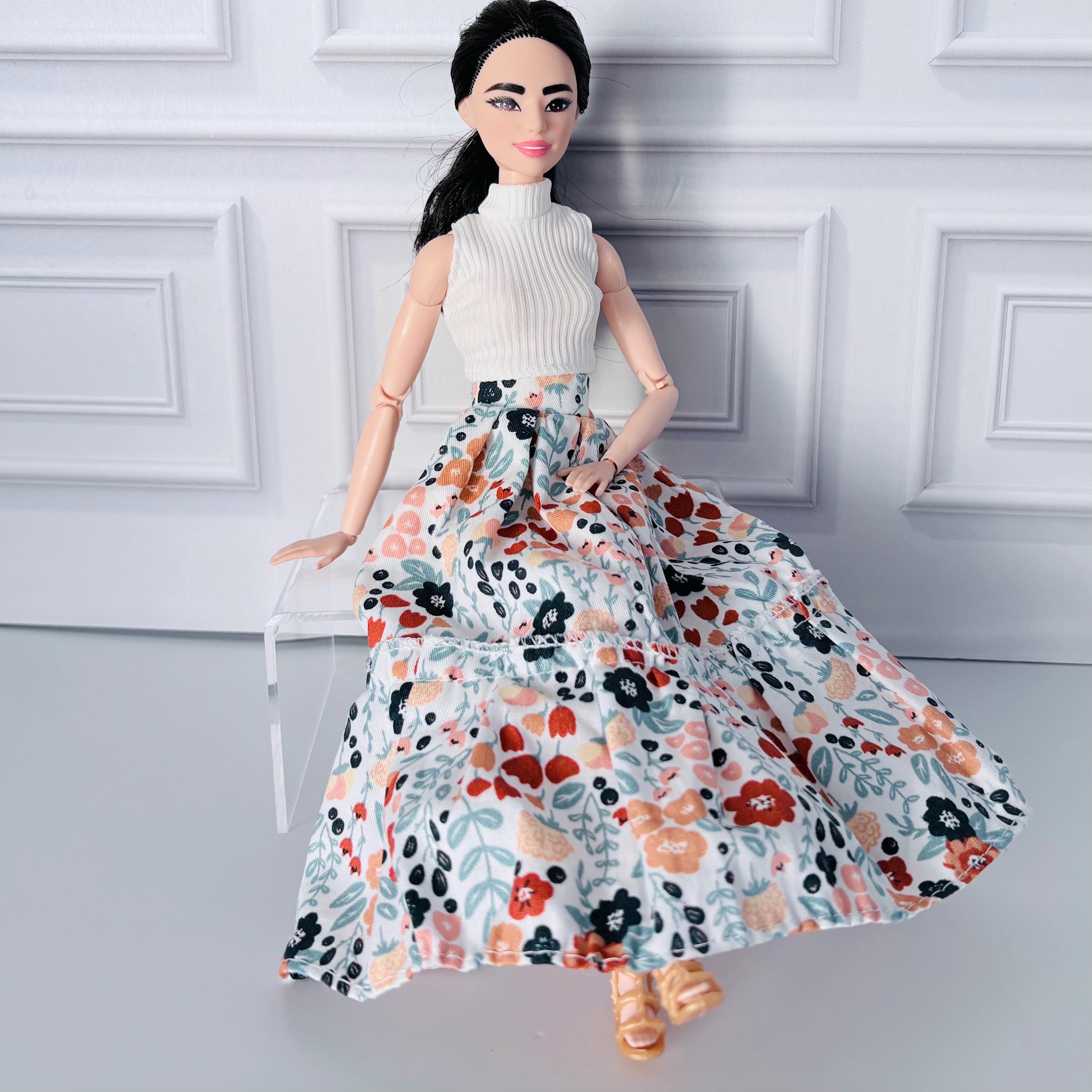 11.5 Inch Doll Outfit: Peasant Floral Skirt, White Top, Sandals – 60s Retro Style