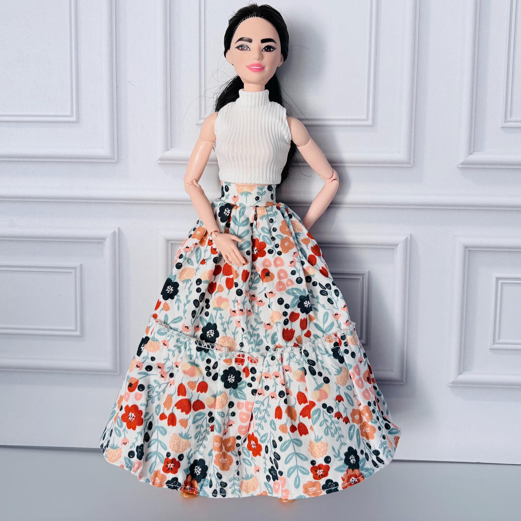 11.5 Inch Doll Outfit: Peasant Floral Skirt, White Top, Sandals – 60s Retro Style