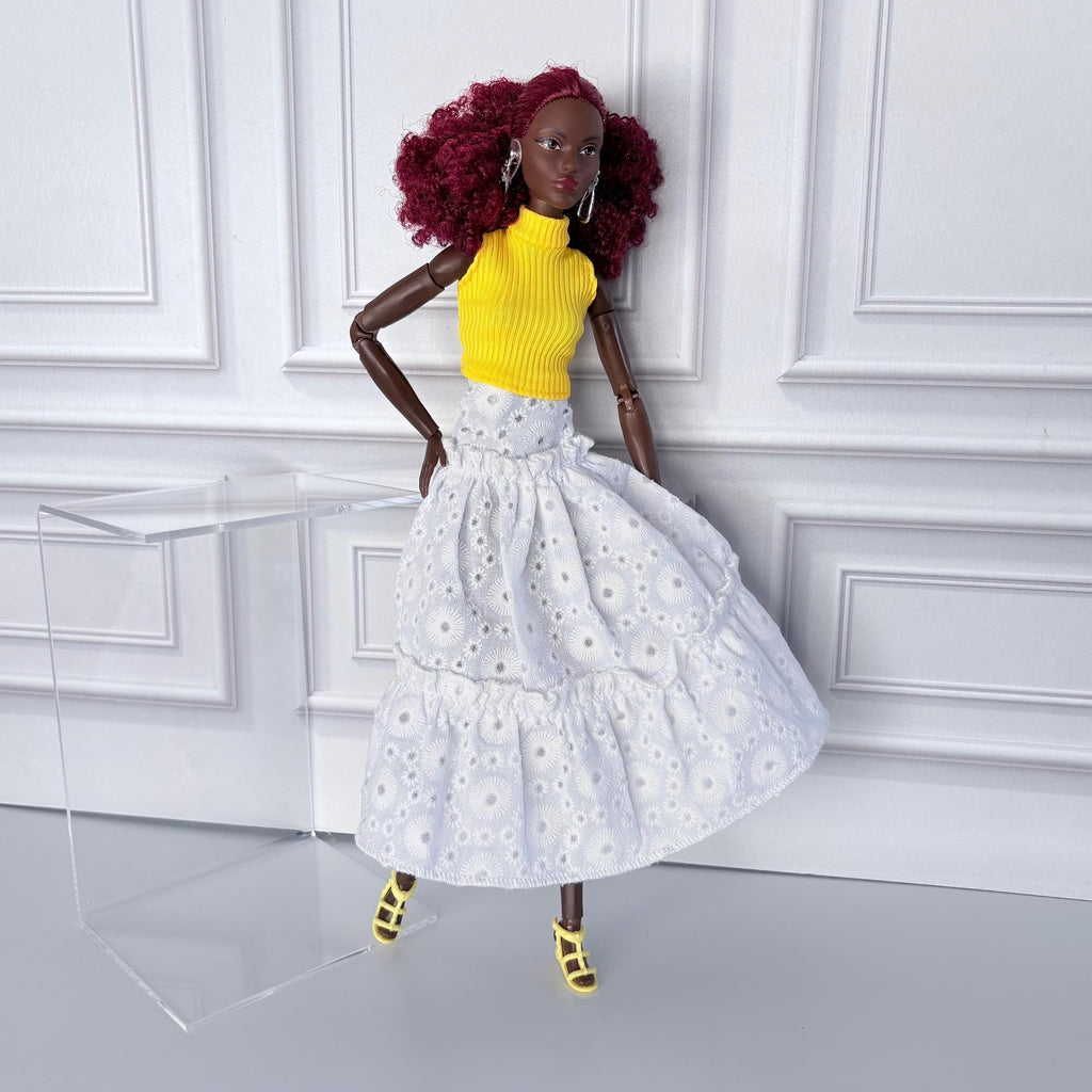 11.5 Inch Doll Boho Eyelet Ruffle Skirt Set with Mock Neck Top, Sandals