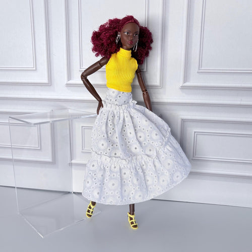 11.5 Inch Doll Boho Eyelet Ruffle Skirt Set with Mock Neck Top, Sandals