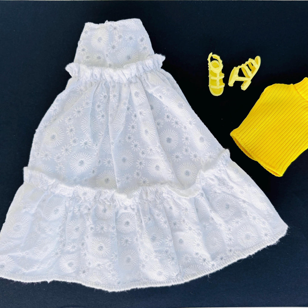 11.5 Inch Doll Boho Eyelet Ruffle Skirt Set with Mock Neck Top, Sandals