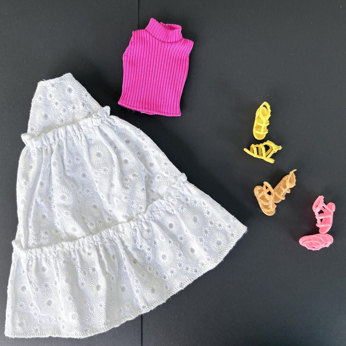 11.5 Inch Doll Boho Eyelet Ruffle Skirt Set with Mock Neck Top, Sandals