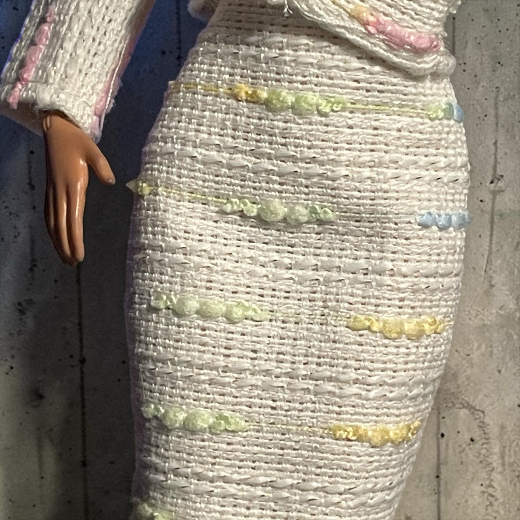 PartyDollFashionShop off-white tweed pencil skirt with pastel woven accents for fashion dolls