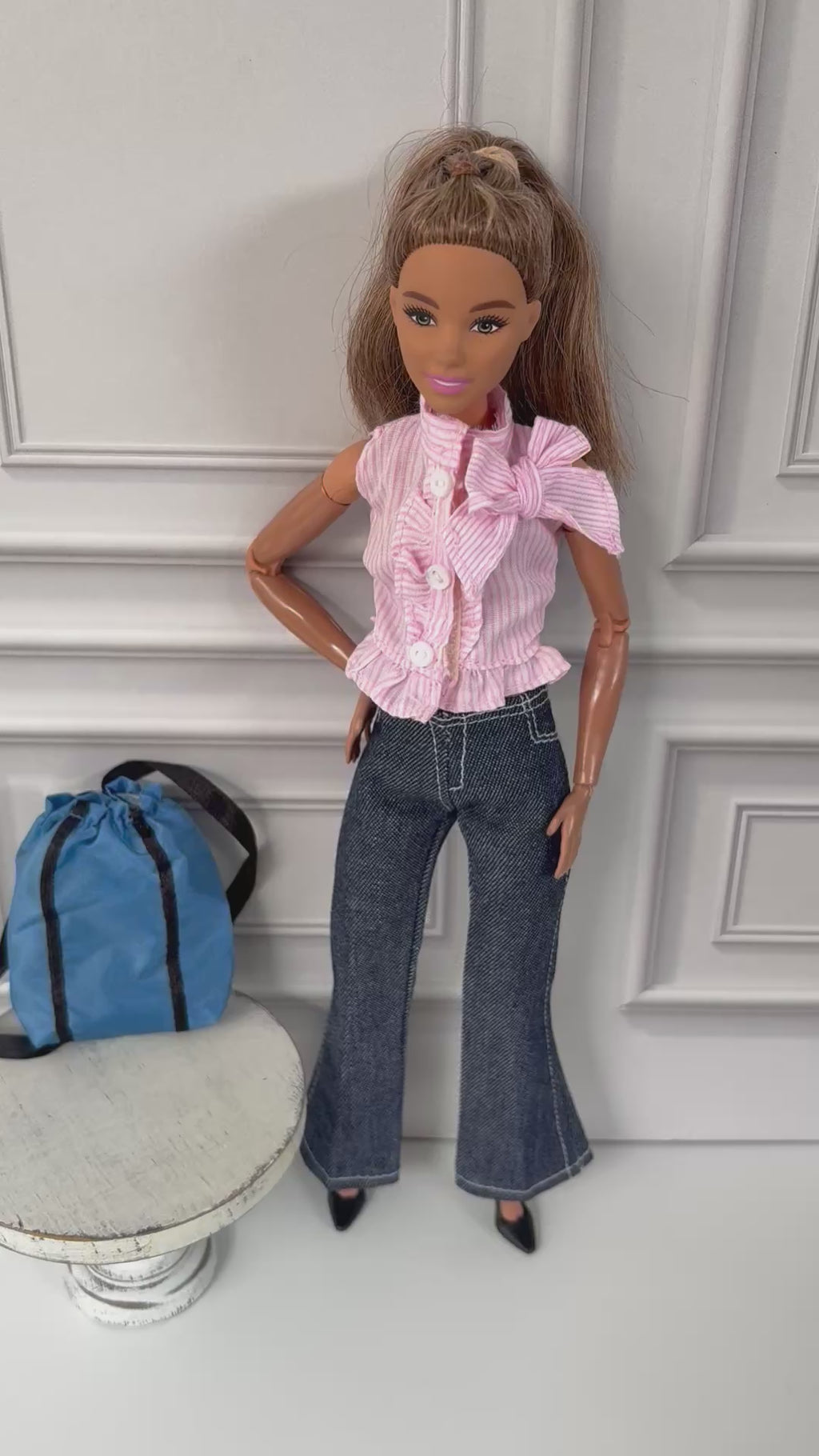 Flair Jeans Doll Outfit: Pink Ruffle Top and Backpack, Fits 11.5 inch Fashion Doll