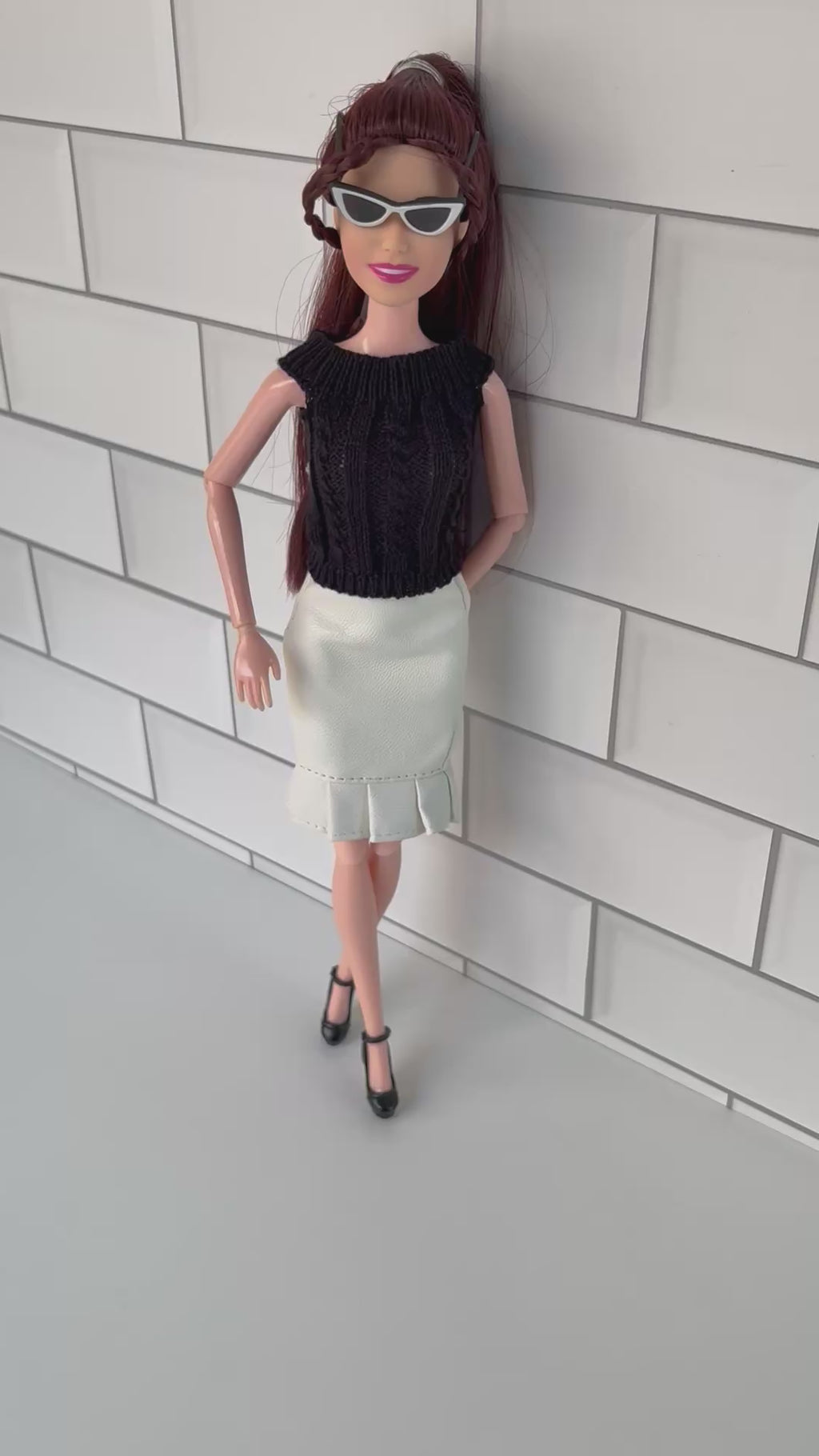 Faux Leather doll outfit:  Skirts, Shoes, Sunglasses, Pink Platform Shoes for 11.5” Fashion Dolls
