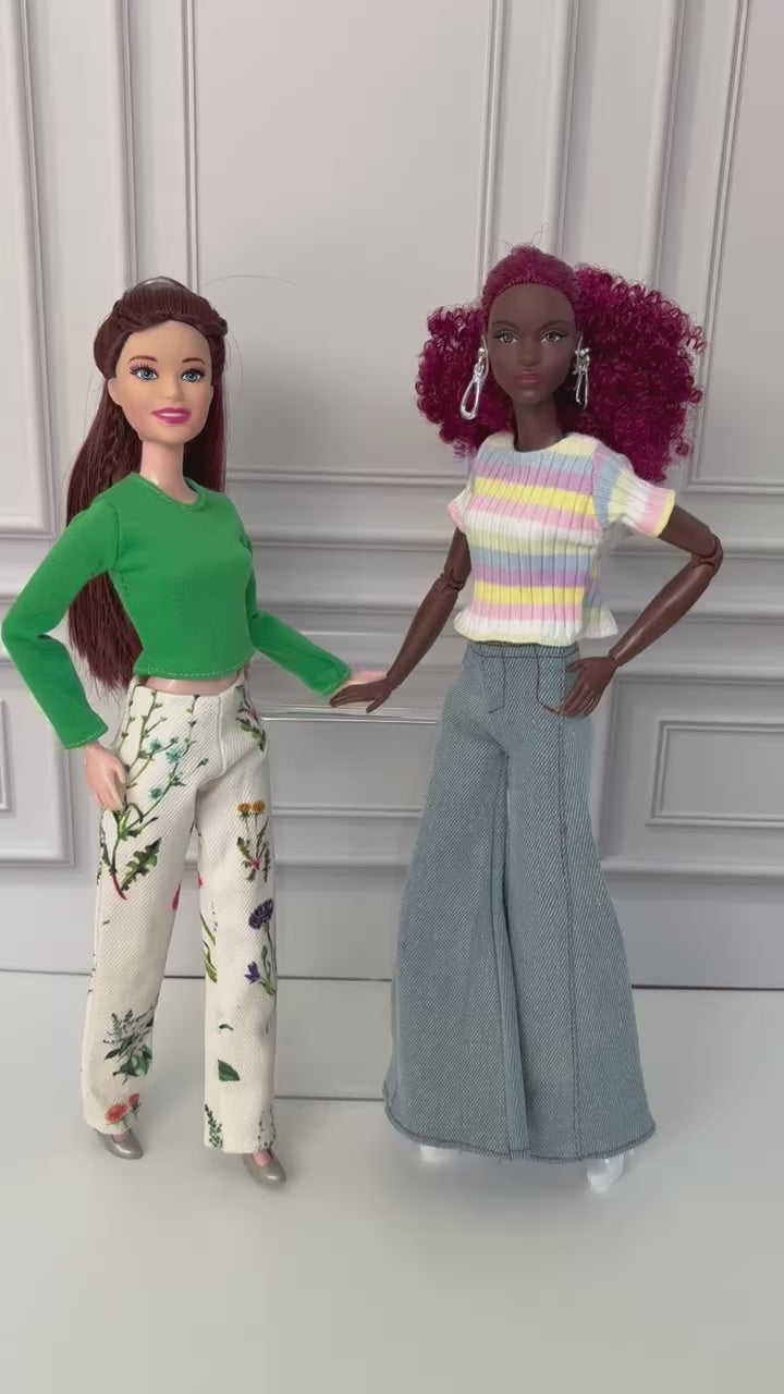 Floral Jean Doll Outfit: Green Long-sleeve Top and Shoes, Fits 11.5 inch Fashion Doll