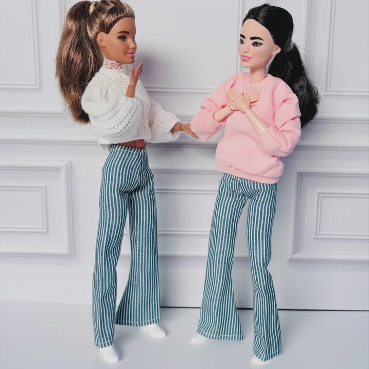 Striped Flare Jeans Doll Outfit – Sweater & Ankle Boots | Fits 11.5” Fashion Dolls
