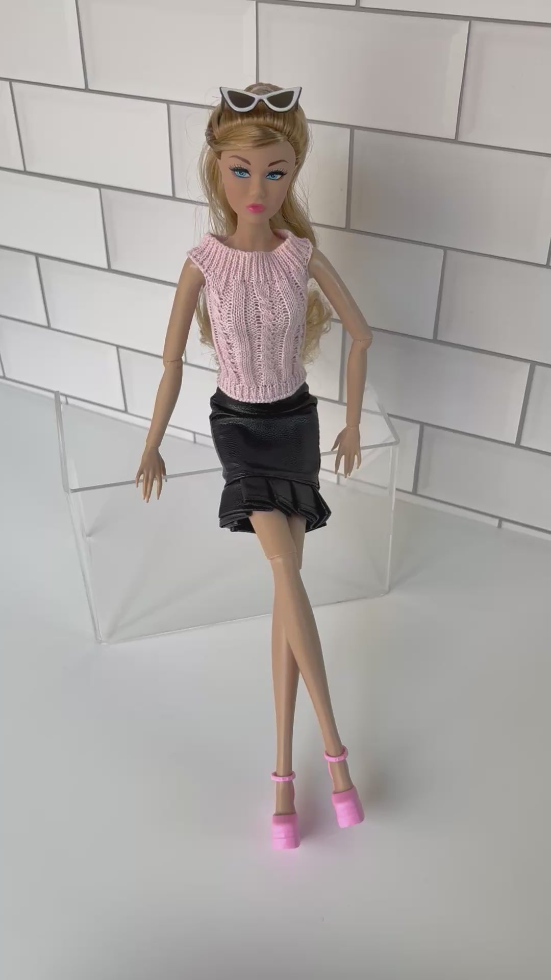 Faux Leather doll outfit:  Skirts, Shoes, Sunglasses, Pink Platform Shoes for 11.5” Fashion Dolls