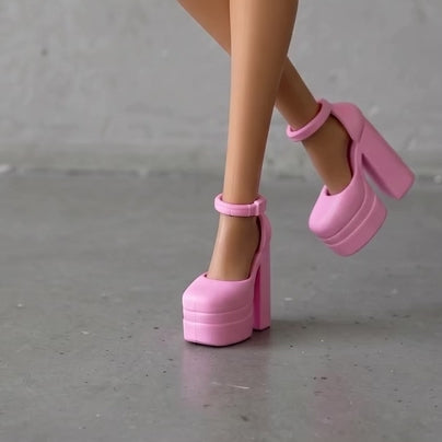 Faux Leather doll outfit:  Skirts, Shoes, Sunglasses, Pink Platform Shoes for 11.5” Fashion Dolls