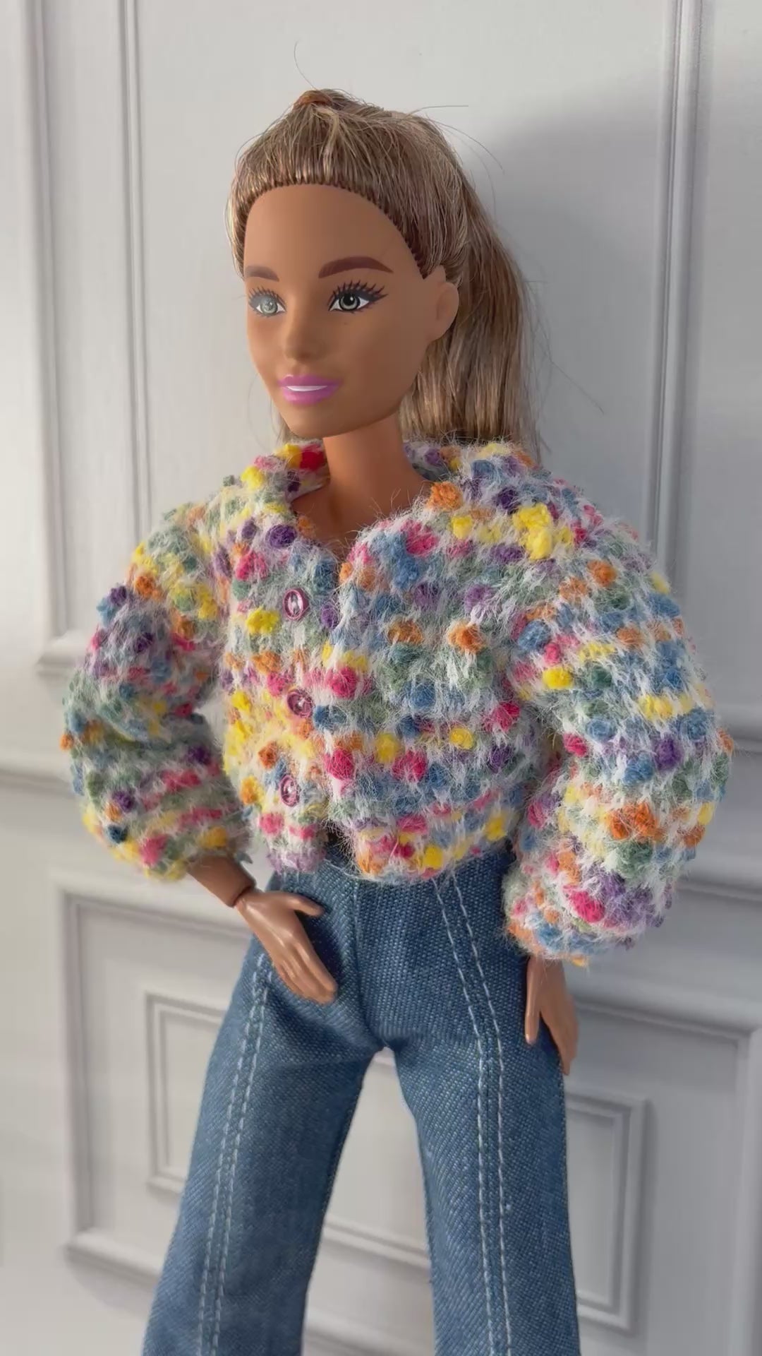 Confetti  Sweater Doll Outfit: Flared Jeans and Brown Boots Fits 11 1/2” Fashion Doll