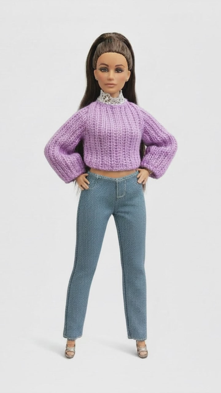 Curvy Doll Clothes 1:6 Scale, Made to Move, Sweater, Jeans, Shoes Outfits