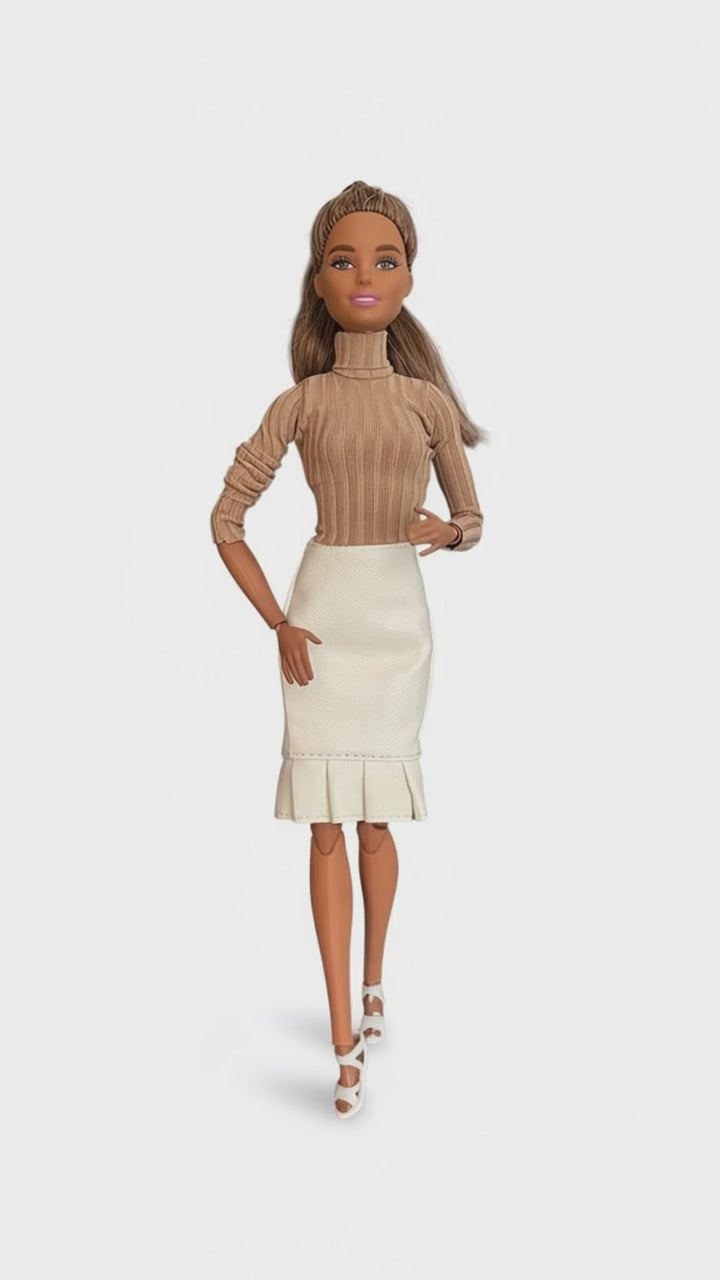 White Leather and Turtleneck tops doll outfits:  Top, Skirts, Shoes, for 11.5” Fashion Dolls