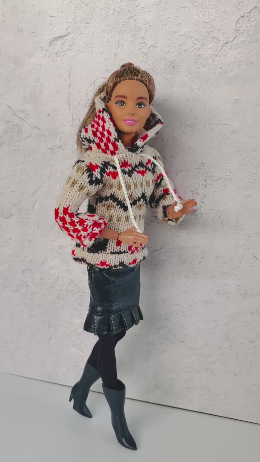 Fashion Doll Cozy Faux Leather doll outfit:  Skirt, Boots, Leggings, Hoodie, for 11.5” Fashion Dolls