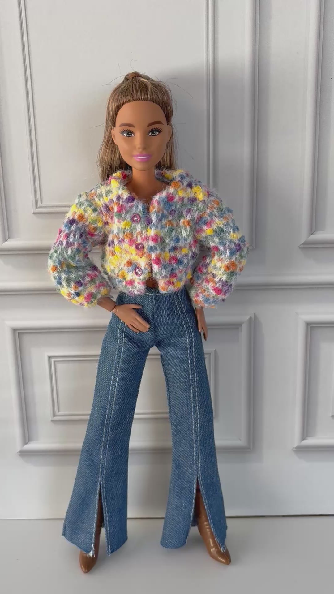 Confetti  Sweater Doll Outfit: Flared Jeans and Brown Boots Fits 11 1/2” Fashion Doll