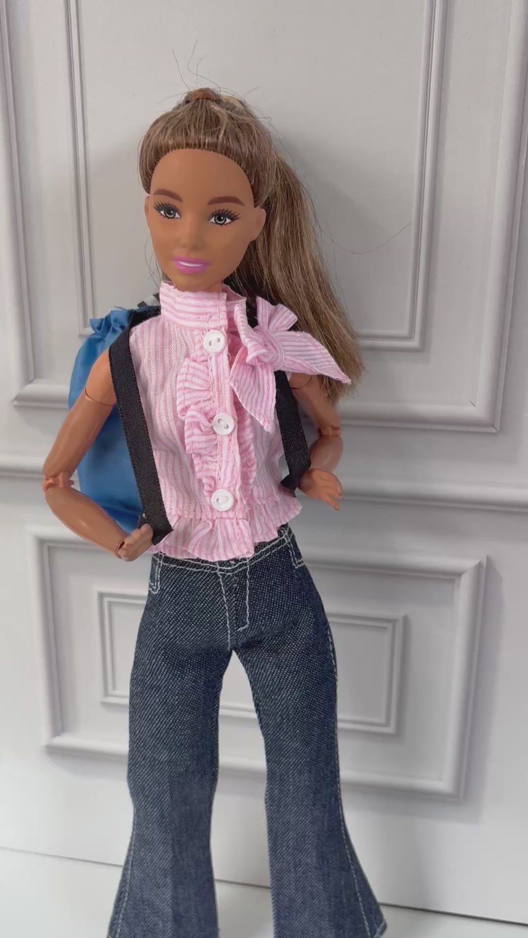 Flair Jeans Doll Outfit: Pink Ruffle Top and Backpack, Fits 11.5 inch Fashion Doll