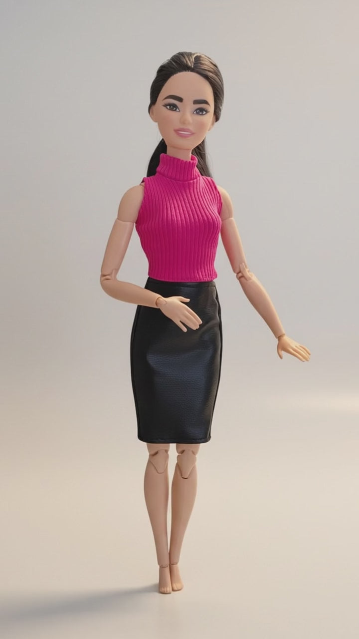 Faux Leather doll outfit:  Skirts, Shoes, Sunglasses, Pink Platform Shoes for 11.5” Fashion Dolls